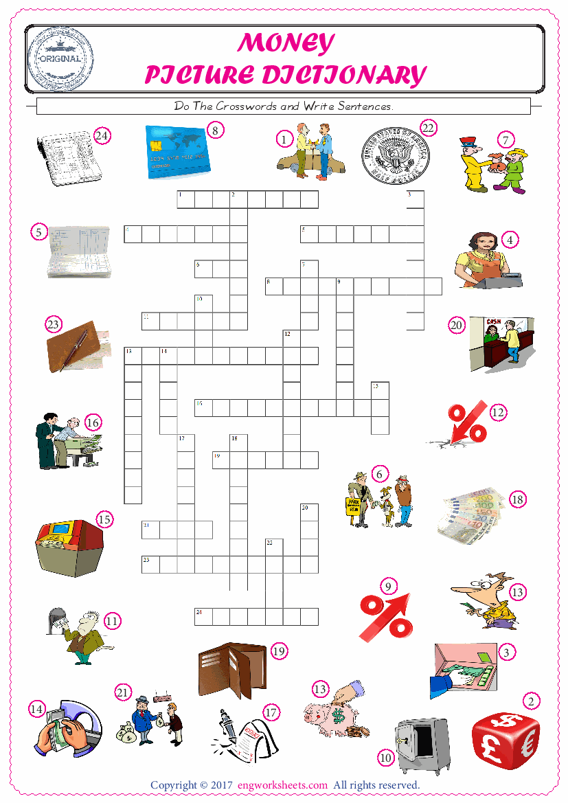  ESL printable worksheet for kids, supply the missing words of the crossword by using the Money picture. 
